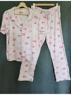 Shabby Chic Red Lips Print 2pc Pajama Set Women’s L